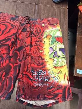Ed Hardy "Surf or Die" Skull & Dragon Tattoo Print Board Shorts Size 38